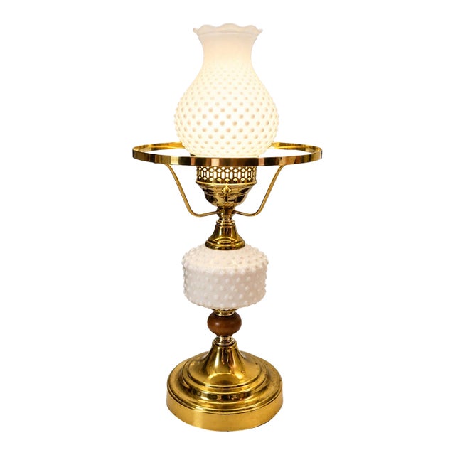 Vintage Hobnail Milk Glass & Brass Hurricane Table Lamp With Turned Wood Accent For Sale