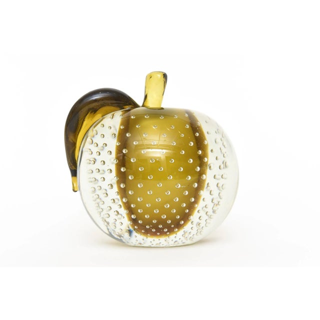 Vintage Murano Salviati Army Green and Clear Bullicante Apple Sculpture Object Italian For Sale - Image 10 of 11