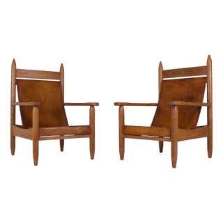 Brutalist Armchairs in Oak and Cognac Leather, 1950s, Set of 2 For Sale