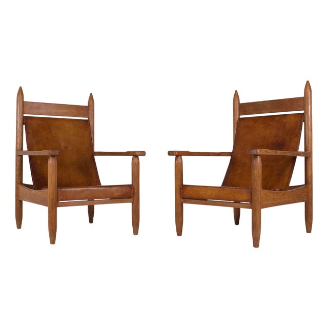 Brutalist Armchairs in Oak and Cognac Leather, 1950s, Set of 2 For Sale