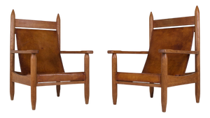 Brutalist Armchairs in Oak and Cognac Leather, 1950s, Set of 2