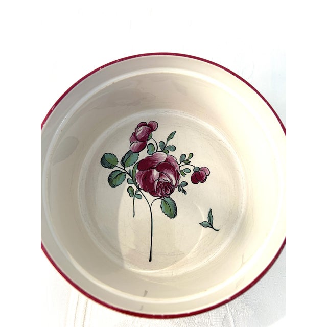 Lovely French stoneware Soufflé bowl in a floral design. Marked underside "Vestal Gien France Strasbourg."