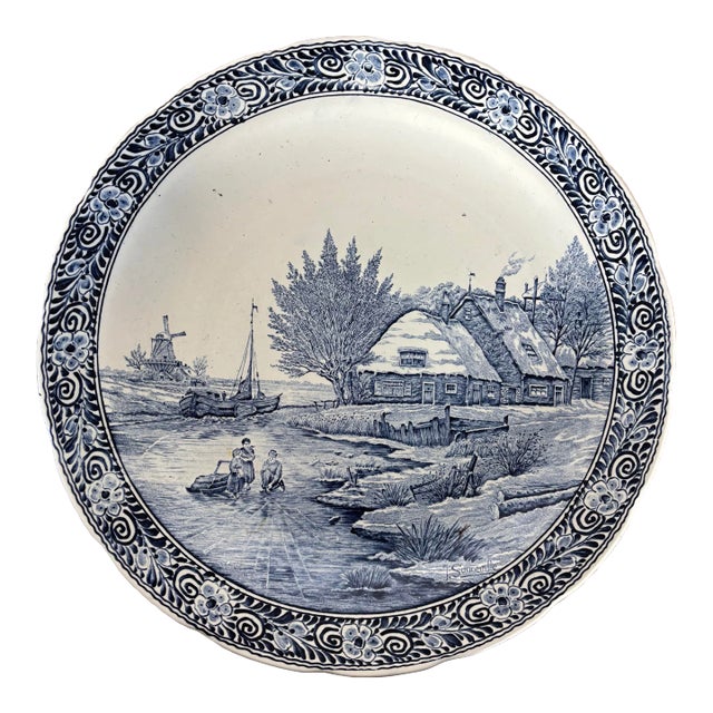 Mid Twentieth Century Oversized Blue and White Delft Charger Made in Belgium For Sale