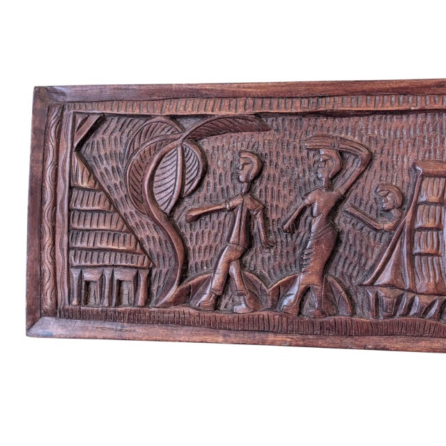 Vintage West African Hand-Carved Bas-Relief Wood Plaque For Sale - Image 4 of 10