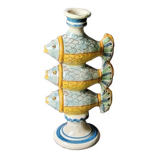 Late 20th Century Alessi Ceramiche Ceramic Stacked Fish Taper Candlestick Holder Italy For Sale