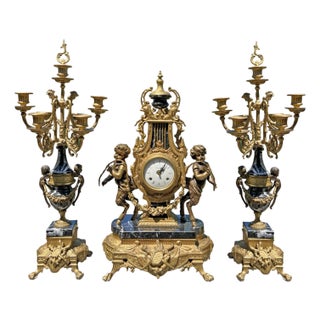 Imperial Brevettato Italian Bronze & Marble Candelabras & Mantle Clock Set- 3 Pieces For Sale