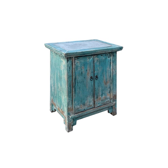 Distressed Pastel Blue Stone Top Doors Flared Legs End Table Nightstan For Sale - Image 4 of 5