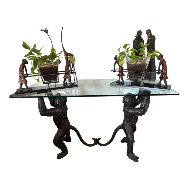 Bronze Monkeys and Glass Topped Table For Sale