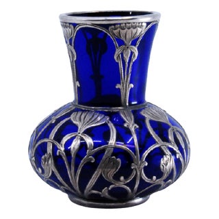 Blue Glass Jar with Islamic Style Silver Cut For Sale