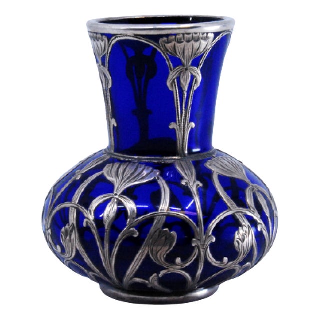 Blue Glass Jar with Islamic Style Silver Cut For Sale