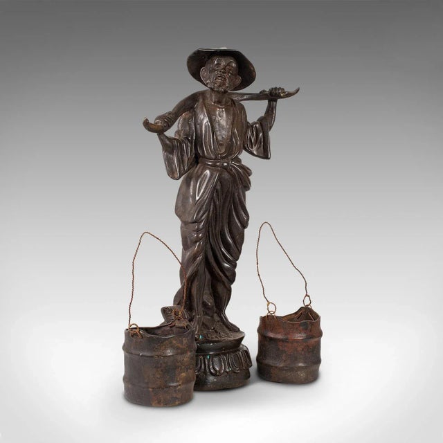 Late 19th Century Tall Antique Decorative Chinese Bronze Water Carrier Statue For Sale - Image 9 of 13