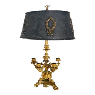 19th Century French Ormolu Candelabra Lamp With Tole Shade For Sale