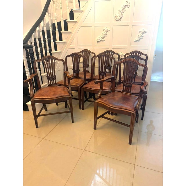 Antique Victorian Hepplewhite Mahogany Shield Back Dining Chairs with Carvers in Tan Leather, 1890, Set of 8 For Sale - Image 3 of 18