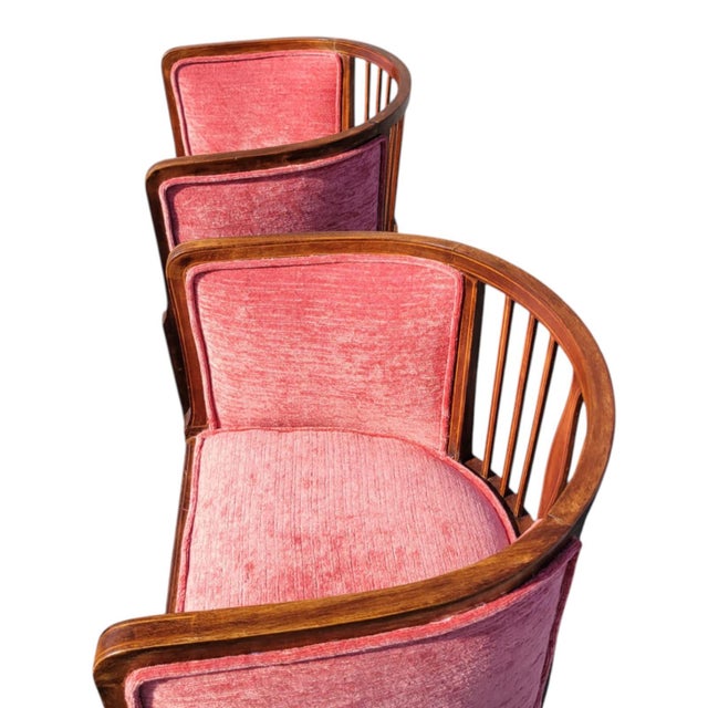 Wood Pair 1920s English Edwardian Inlaid Mahogany Tub Club Chairs Newly Upholstered For Sale - Image 7 of 18