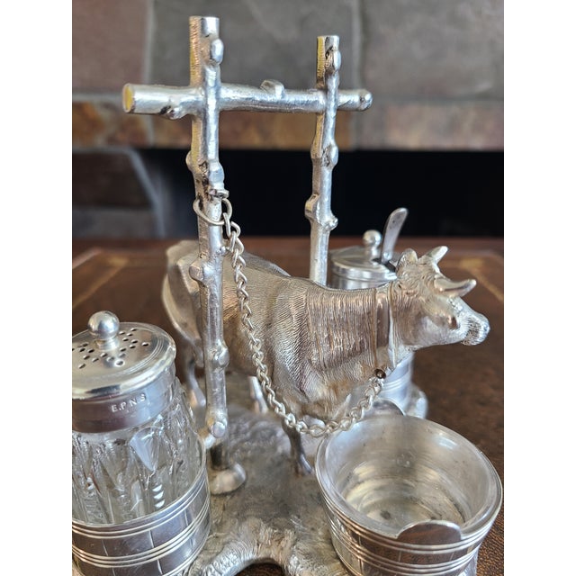 Metal Antique Victorian Silverplate Cow Cruet Set Condiment Holder For Sale - Image 7 of 13