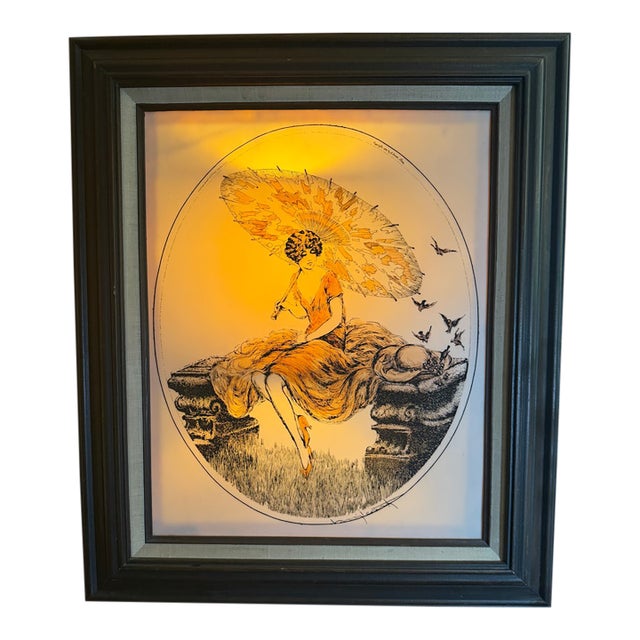 Art Deco Louis Icart "Parasol" Backlit Glass Panel Ca. 1928 For Sale
