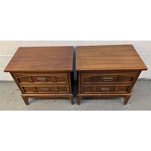 Dixie Pair of Vintage Dixie Furniture Walnut MCM Tuscan Style Nightstands For Sale - Image 4 of 17