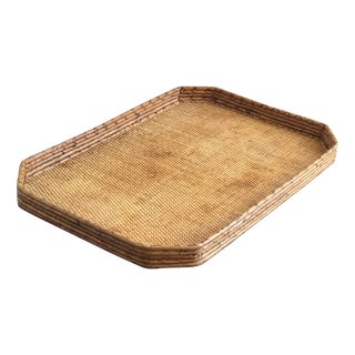 Large Mid-20th Century Banded Bamboo & Rattan Serving Tray For Sale