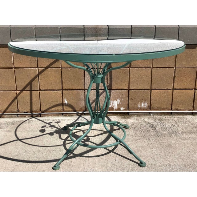 Mid-Century Modern Mid Century Woodard & Sons Wrought Iron Daisy Flower Round Glass Top Patio Table For Sale - Image 3 of 12