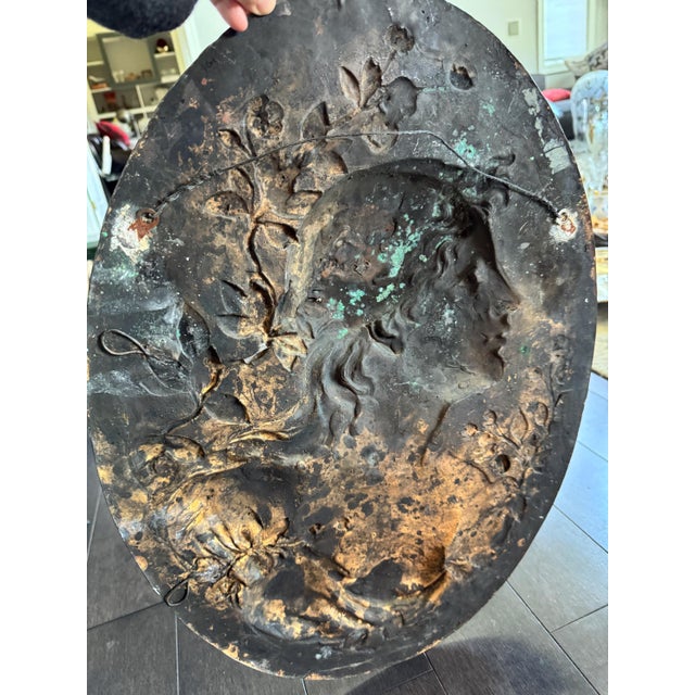 Mid 20th Century Pair of Oval Art Nouveau Gilt Metal Bas Relief Figure Bust Cameo Wall Plaques 23"x17" For Sale - Image 10 of 10