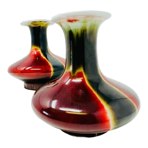 Vintage Chinese Flambé Sang De Boeuf Transmutation Glazed Craquelure Porcelain Vases a Set of 2