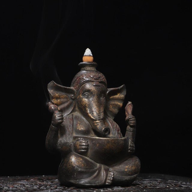 Chinese Vintage Gilt Brass Ganesha Backflow Incense Burner – Elephant God Statue For Sale - Image 3 of 9