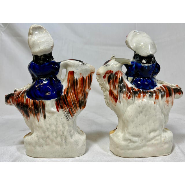 English Antique Pair of 19th Century Staffordshire Figurines Depicting Period Dressed Women Riding Goats - From England For Sale - Image 3 of 11