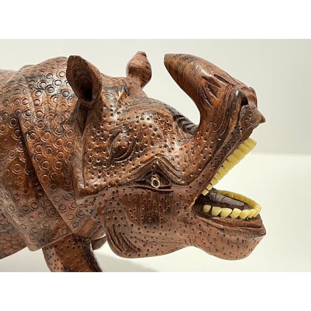 1970s Set of 3 Hand-Carved Solid Wood Rhinoceros Sculptures, Textured Hide, Inlaid Teeth and Toenails For Sale - Image 17 of 18