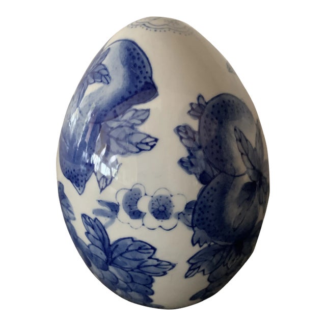 Vintage Blue and White Porcelain Decorative Egg For Sale