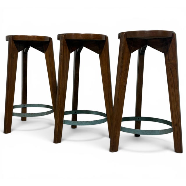 Lovely set of 3 solid teak stools by Pierre Jeanneret. Made for Punjab University campus in Chandigarh India in the 1960s....