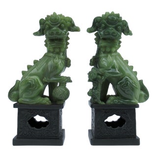 Vintage C.1960's Asian Chinoiserie-Style Nephrite Jade Pair of Foo-Dogs Mounted on Bases -Pair For Sale