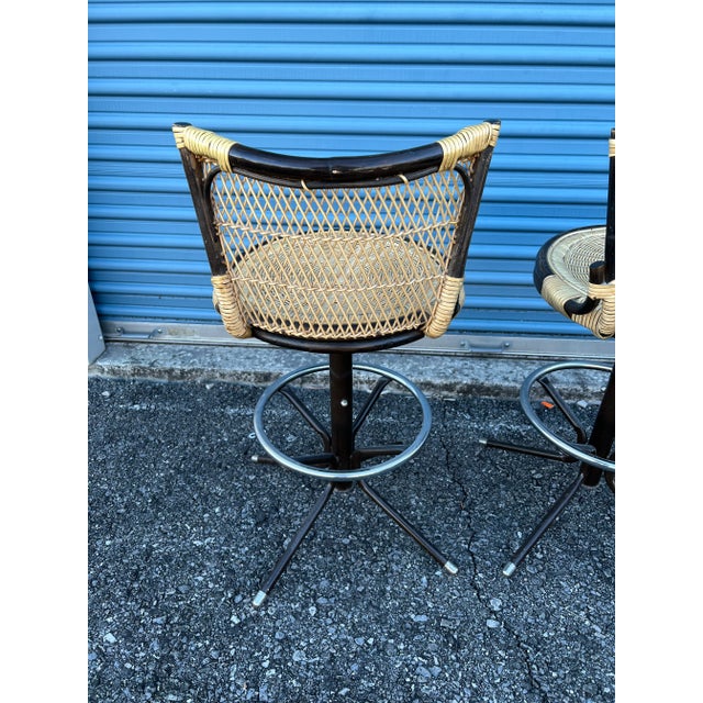 1970s MidCentury Modern Black Metal & Wicker Barstools a Pair Chairish