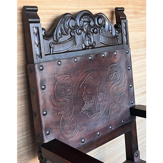 19th Spanish Carved Walnut Armchair with New Black Leather and Solomonic Columns For Sale - Image 4 of 18