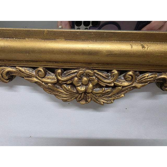 Antique Wall Mirror Gold Ornate Wood Shell Crest Design, Rectangular Mantel Entryway Early 1900's For Sale - Image 4 of 9