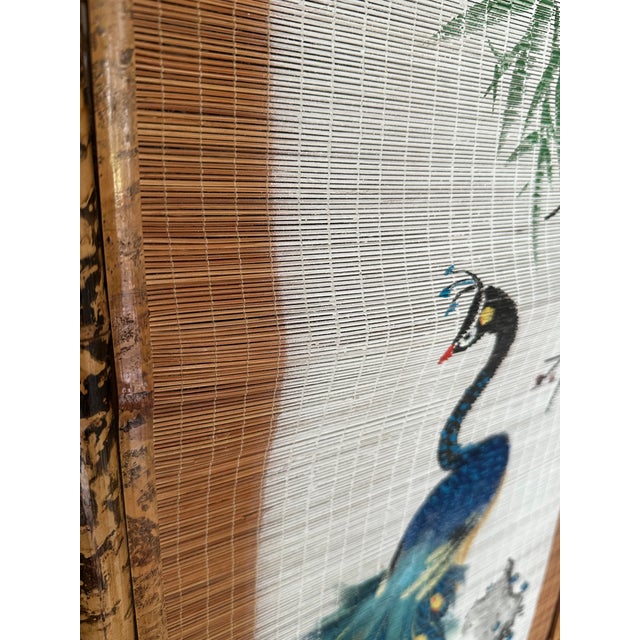 Mid-Century Hand Painted Peacocks Folding Room Divider Screen Tortoise Finish Bamboo. Bohemian, Tiki, Eclectic, Asian Style. For Sale - Image 13 of 16