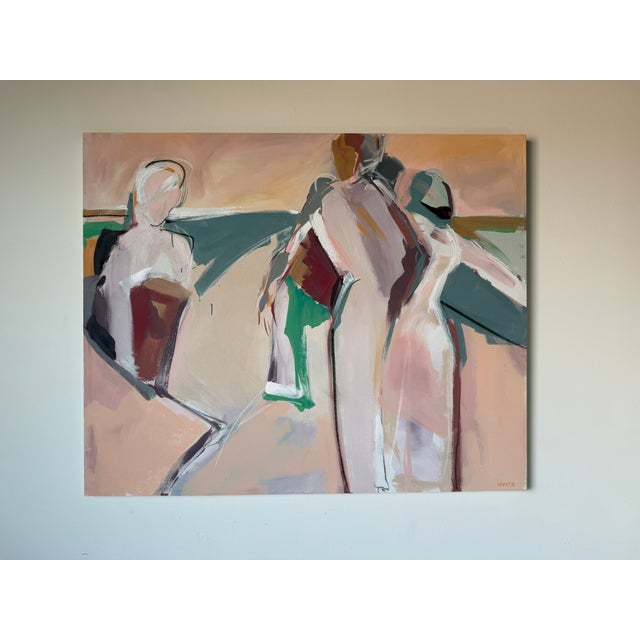 Beautiful large-scale contemporary abstract figurative painting featuring expressive human forms in a soft palette of...