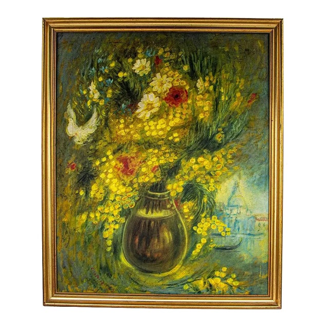 Vito Mirza - Mimosa and Field Flowers - Original Oil Painting - 1989 For Sale