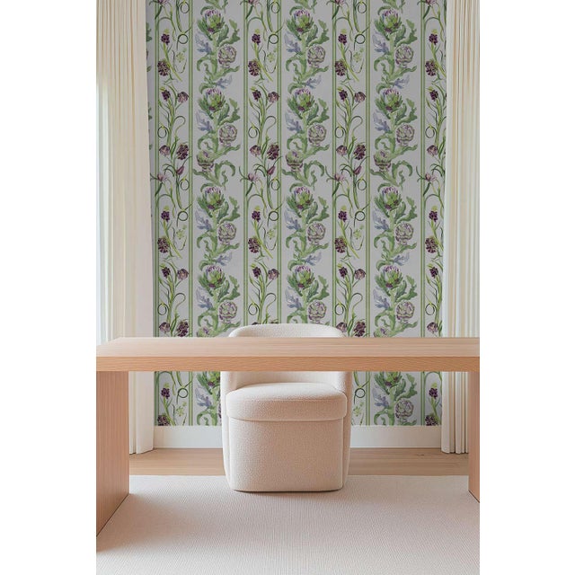 This custom wallpaper design is a fresh take on classic botanical stripes. Our artichoke-inspired watercolor botanical...