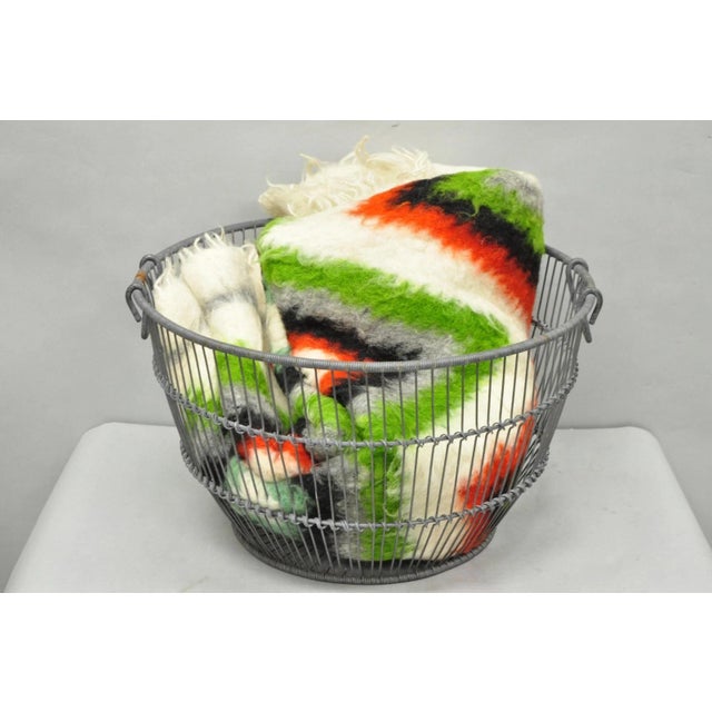 Vintage Industrial Modern Large 24" Metal Wire Oyster Clam Decorative Throw Blanket Basket with Handles. Circa Mid 20th...