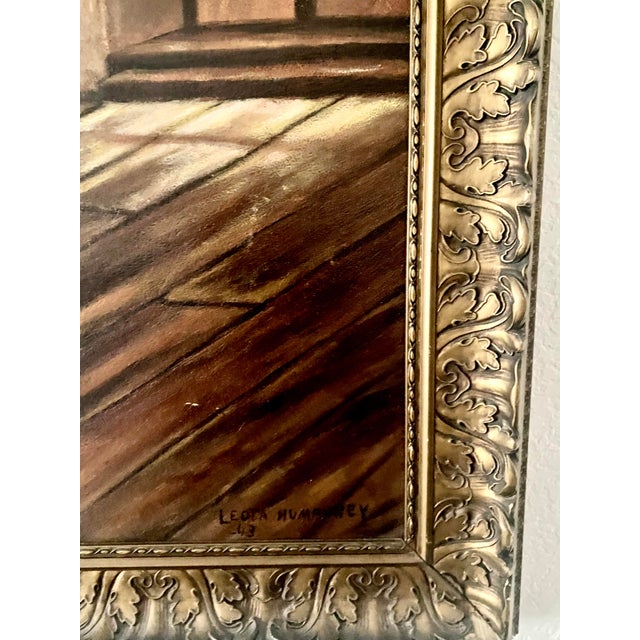 Vintage 1943 Leota Humphrey Oil Painting on Board- Antique Dutch Tavern Scene - Ornate Gold Frame. For Sale - Image 16 of 18