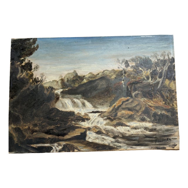 Landscape with Forest, River & Waterfall, Oil on Canvas For Sale