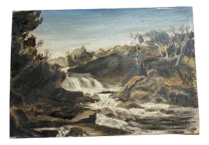 Landscape with Forest, River & Waterfall, Oil on Canvas