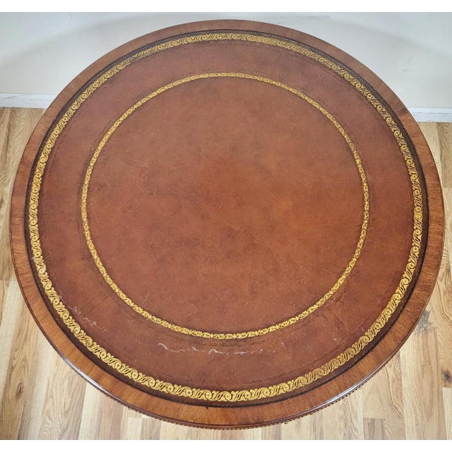 Mid 20th Century Vintage American Mahogany Gilt Tooled Leather Top Drum Table by Weiman Heirloom For Sale - Image 5 of 15