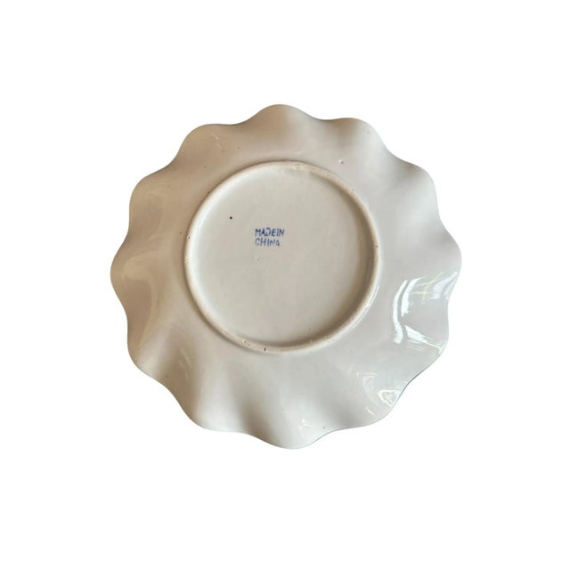 Vintage Hand-Painted Blue and White Chinoiserie Ruffle Bowl With Island Pagoda Scene. For Sale - Image 9 of 10