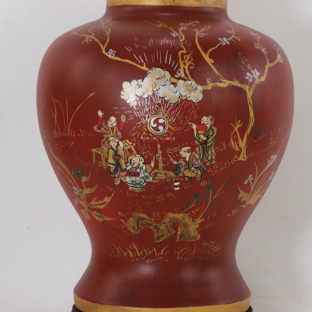 Early 21st Century Pair of Vintage Hand Painted Chinoiserie Red Ginger Jar Table Lamps With Figural Narrative For Sale - Image 5 of 13