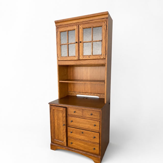 1990s Pair of Cottage Style Oak Hutch Cabinets With Glass Doors For Sale - Image 10 of 18