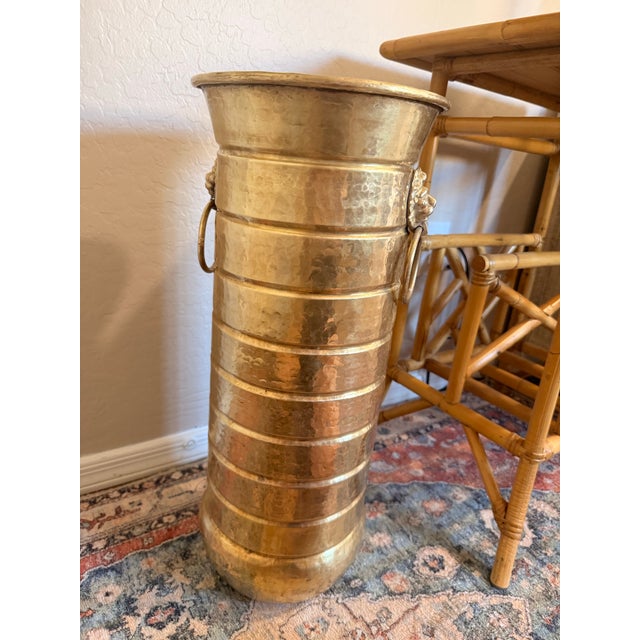 1970s Vintage Hammered Brass Lion Head Umbrella Stand For Sale - Image 5 of 8
