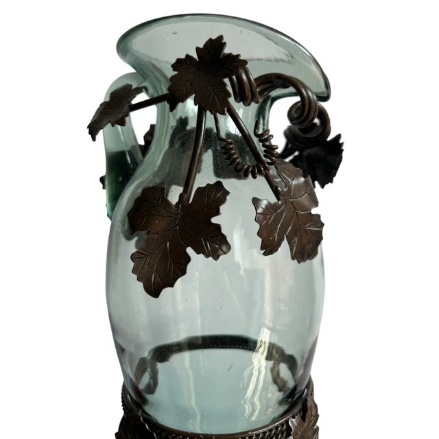 Transparent Vintage Glass Floor Pitcher Jug With Wrought Iron Grapevine Collar & Stand For Sale - Image 8 of 12