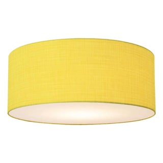 Stretch Flush Mount, Mustard Linen Shade, Weathered Brass For Sale