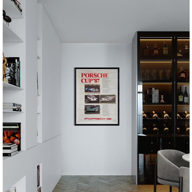 This original vintage poster commemorates the results of the 1987 Porsche Cup. The design features bold red typography...